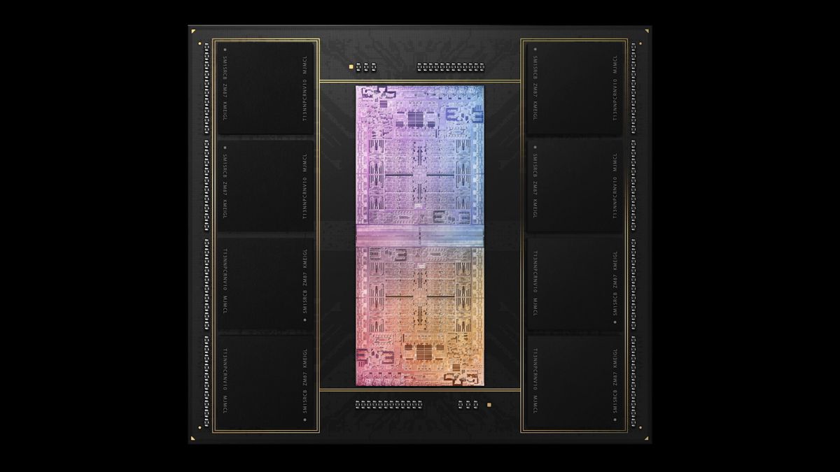 Een gloeiende regenboog M1 Ultra-chip, omgeven door ingebouwde geheugenmodules