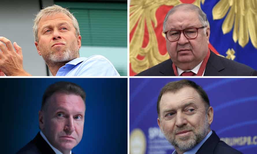 Met de klok mee, van links: zakenlieden Roman Abramovich, Alisher Usmanov, Oleg Deripaska en Igor Shuvalov verschijnen allemaal op de Russische Asset Tracker.
