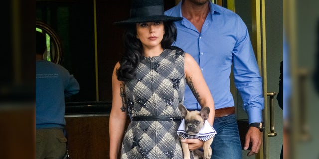 Lady Gaga verlaat op 12 mei 2015 in New York City haar appartement met haar hond Koji. 