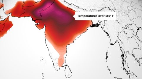 De voorspellingskaart laat zien dat het grootste deel van India vrijdag hoge temperaturen zal doorstaan: meer dan 32°C/90°F (in oranje tinten);  Meer dan 38°C/100°F (in rood);  of meer dan 43°C/110°F (roze).