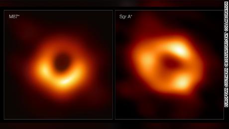 Deze panelen tonen de eerste twee afbeeldingen van een zwart gat.  Aan de linkerkant is de M87 *, en aan de rechterkant is de boeg A *.