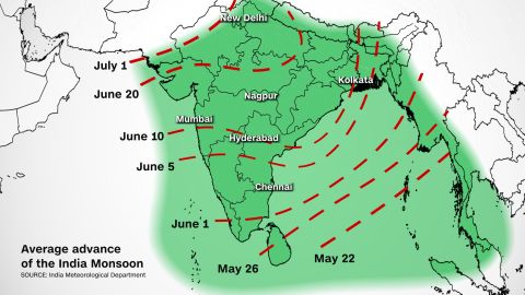 Deze afbeelding laat zien wanneer het moessonseizoen meestal in heel India begint.