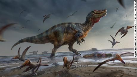 Deze illustratie toont het angstaanjagende Isle of Wight Spinosauride zoals het tot leven kwam.