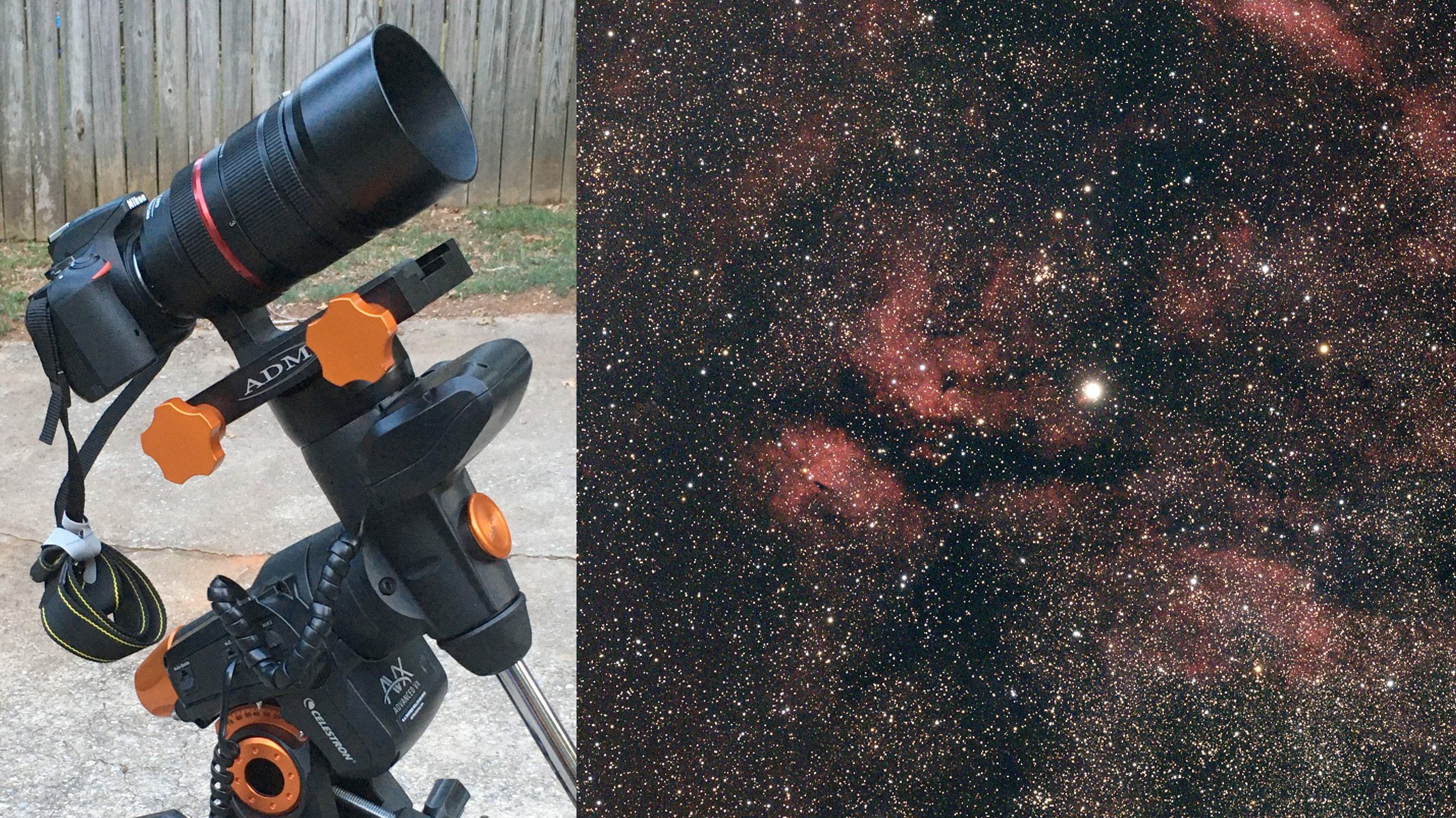 The nebula image is configured next to the telescope setup