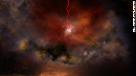 De illustratie van de kunstenaar toont een neutronenster met een ultrasterk magnetisch veld, een magnetar genaamd, die radiogolven uitzendt (in rood). 