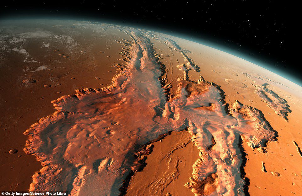 Hierboven ziet u een illustratie van een gekanteld aanzicht van het gigantische Valles Marineris Valley-systeem op Mars.  De canyons werden gevormd door een combinatie van geologische fouten, aardverschuivingen, winderosie en oude waterstromen