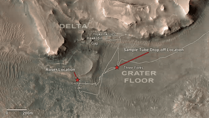 NASA's Marsrover-monsterverzamelingslocaties op de Rode Planeet.