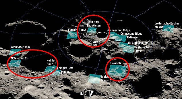 Chinese Artemis 3 en Chang'e-7 identificeren locaties in de buurt van de Shackleton-, Haworth- en Nobile-kraters als potentiële verzakkingszones (gebieden hierboven in rood omcirkeld).  Deze overlappende gebieden herbergen schaduwrijke kraters die waterijs kunnen vasthouden