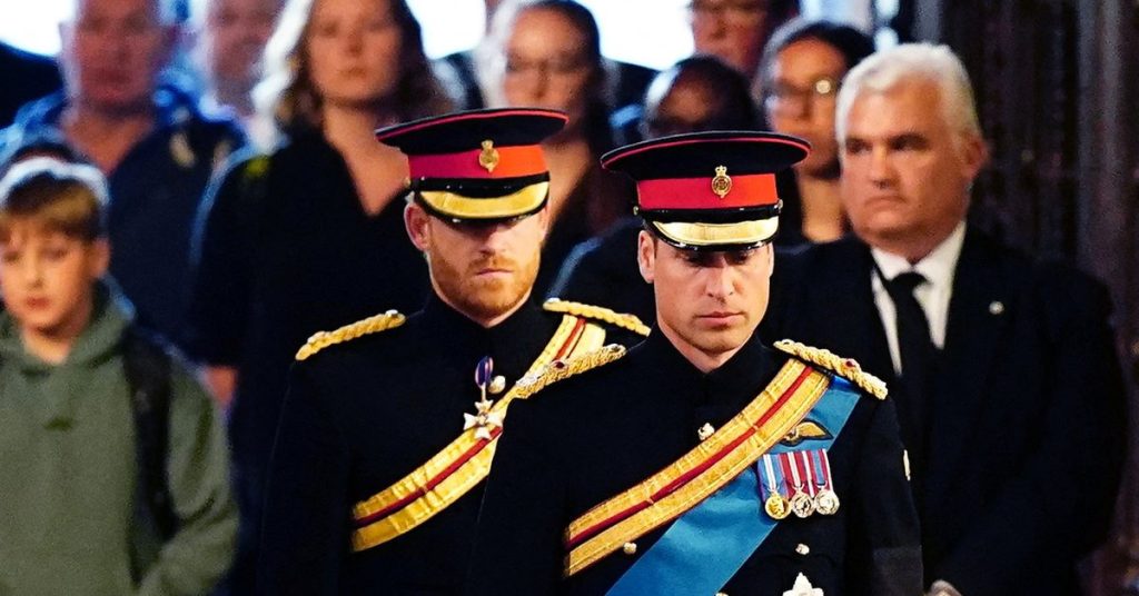 William en Harry staan ​​met hun neven in de kist van de koningin