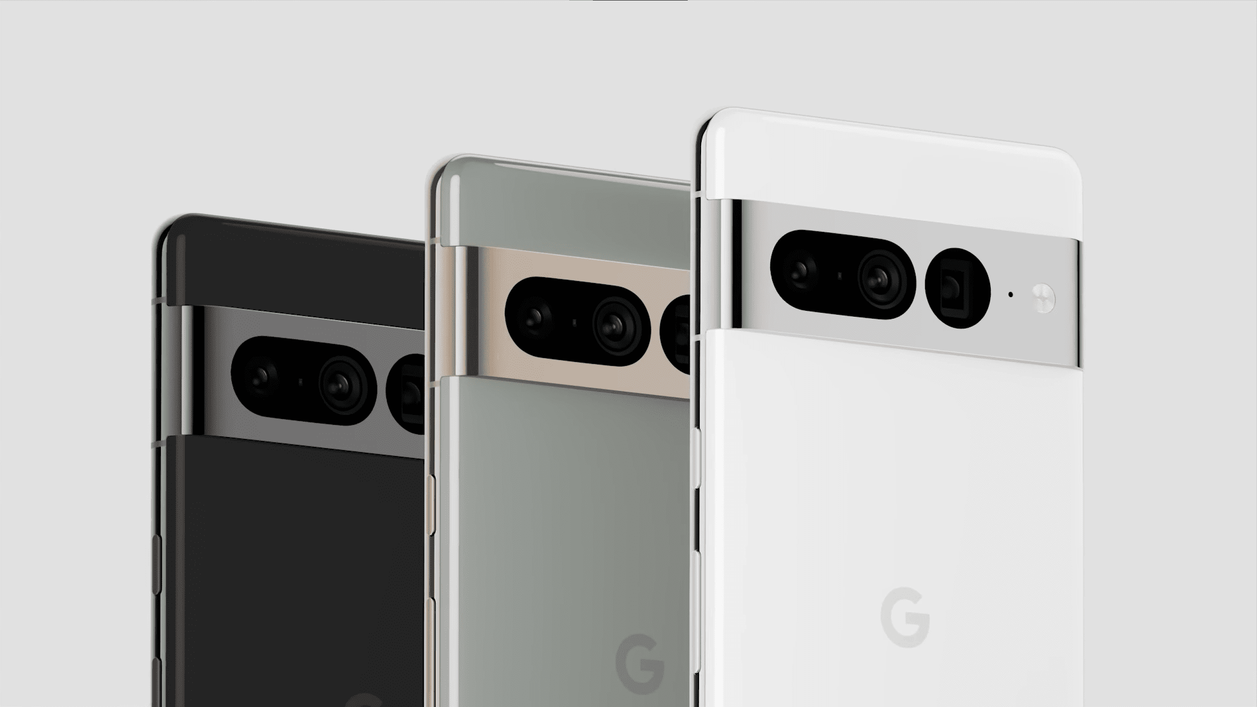 Officiële Google Pixel 7 Pro-weergave, drie keer weergegeven in zwart, wit en groen