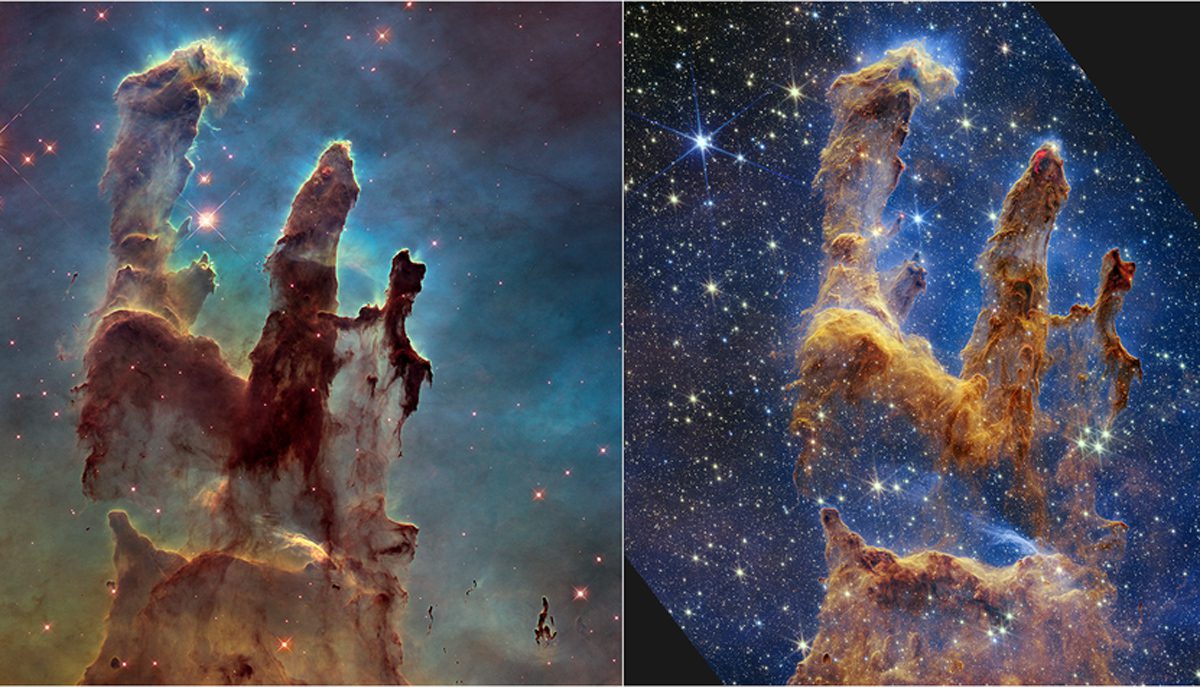 Iconische pijlers van de schepping.  Hubble Space Telescope-weergave aan de linkerkant, nieuwe James Webb Space Telescope-afbeelding aan de rechterkant.