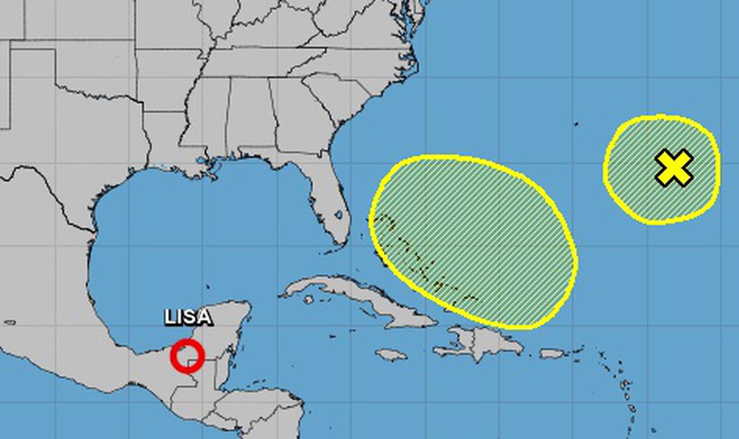 Naast Lisa en Martin houdt het National Hurricane Center twee gebieden in de Atlantische Oceaan in de gaten op mogelijke stormen.