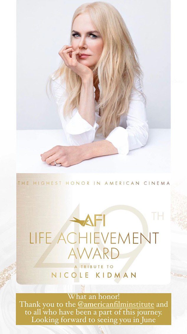 Dit komt nadat bekend werd gemaakt dat Nicole volgend jaar een Life Achievement Award van het American Film Institute ontvangt