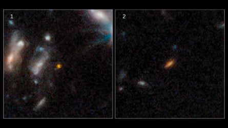 Zij-aan-zij beelden van verre sterrenstelsels, die verschijnen als roodachtig vervagende elliptische trainers tegen de duisternis van de ruimte