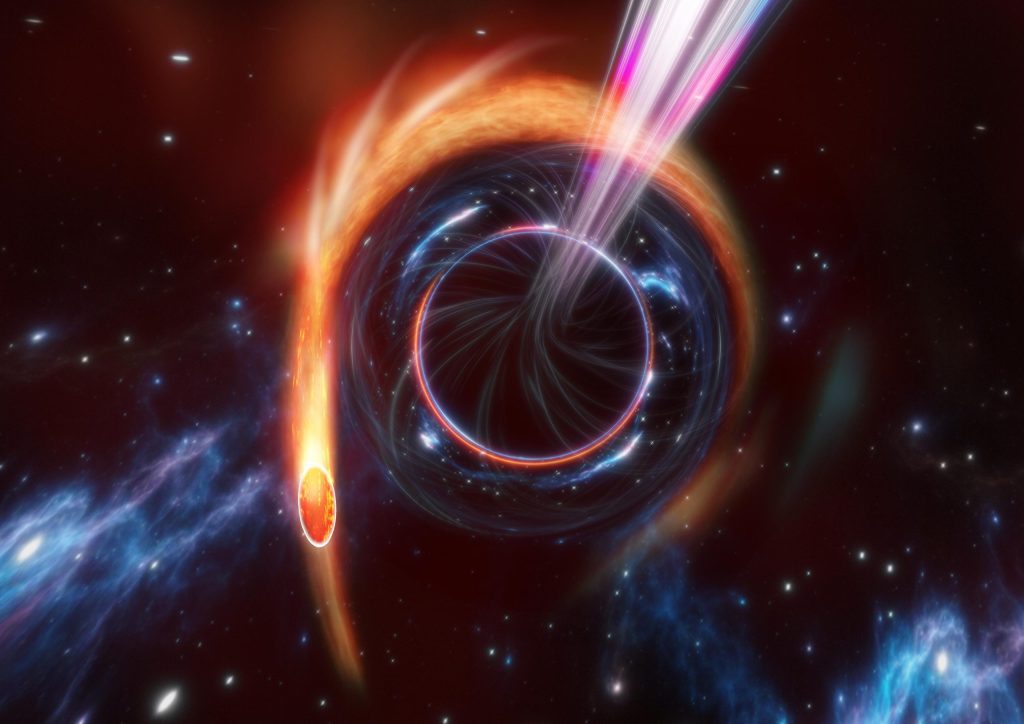 Het superzware zwarte gat versnippert met geweld sterren en schiet een relativistische straal richting de aarde