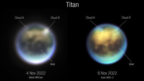 Astronomen vergeleken Webb (links) en Keck's afbeeldingen van Titan om te zien hoe de wolken evolueerden.  Wolk A lijkt te roteren, terwijl wolk B lijkt te verdwijnen.