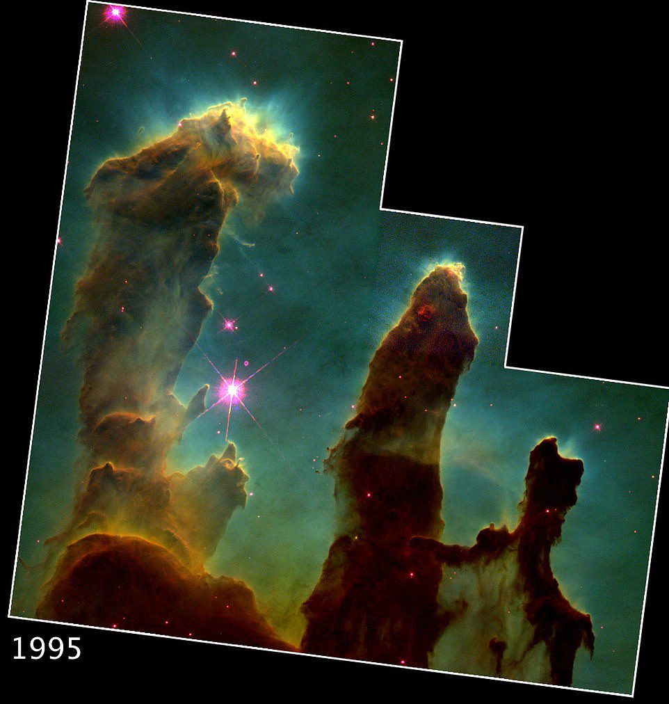 Hubble maakte in 1995 de eerste opname van de pijlers van de schepping. Het leverde het eerste bewijs dat sterren in de pijlers konden worden geboren.