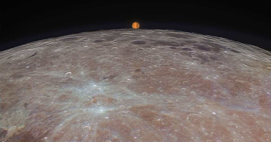 Een fotograaf die een magisch moment vanaf Mars vastlegt, komt achter de maan tevoorschijn