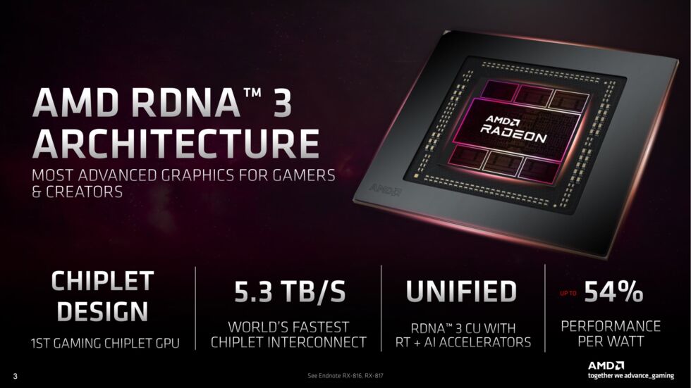 AMD's chipsetontwerp wordt in deze opname getoond - een grote dobbelsteen in het midden die de meeste computerbronnen bevat, en zes kleinere matrijzen die de cache en geheugencontrollers bevatten.